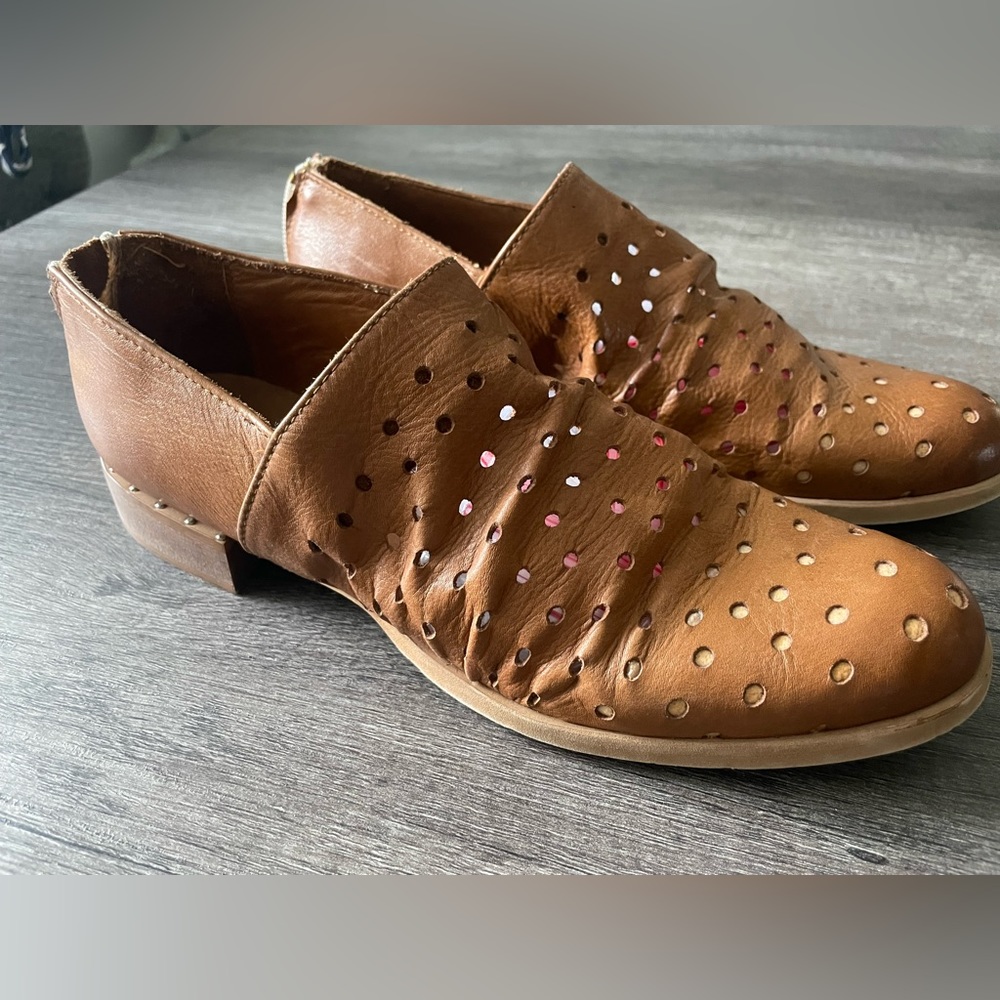Pier francesco Vincents Tan Leather Eyelets Zip Cap Toe Flat Shoes - Picture 2 of 8
